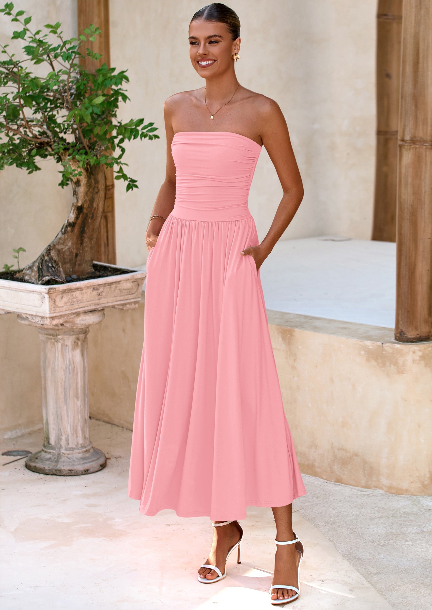 BTFBM Summer Maxi Dresses for Women Strapless Ruched Tube Top Beach Vacation Spring Wedding Guest Dress Pockets PRETTYGARDEN