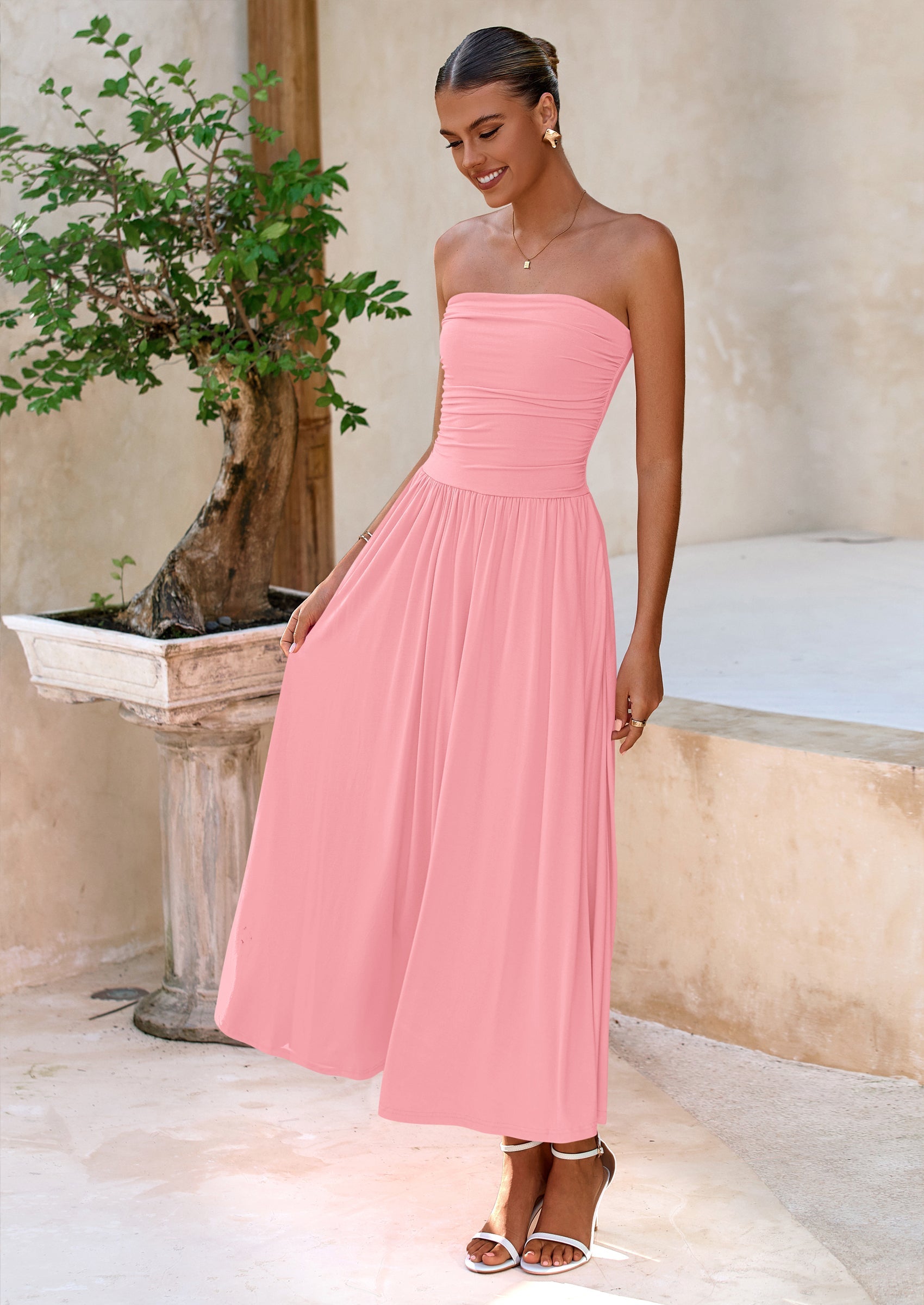 BTFBM Summer Maxi Dresses for Women Strapless Ruched Tube Top Beach Vacation Spring Wedding Guest Dress Pockets PRETTYGARDEN