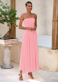 BTFBM Summer Maxi Dresses for Women Strapless Ruched Tube Top Beach Vacation Spring Wedding Guest Dress Pockets PRETTYGARDEN