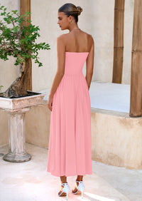 BTFBM Summer Maxi Dresses for Women Strapless Ruched Tube Top Beach Vacation Spring Wedding Guest Dress Pockets PRETTYGARDEN