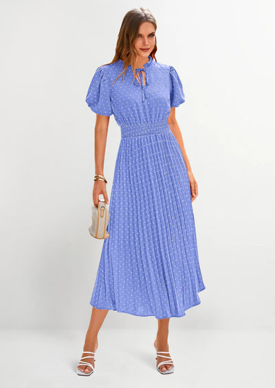 PRETTYGARDEN Womens Midi Dresses Puff Short Sleeve V Neck Swiss Dot Pleated A Line Flowy Long Wedding Guest Dress