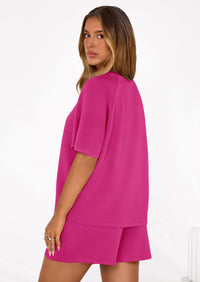 PRETTYGARDEN Women's 2 Piece Lounge Sets Short Sleeve Shirts Casual Tops Shorts Matching Clothing Summer Airport Outfits PRETTYGARDEN