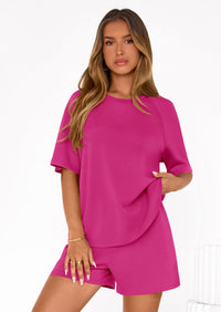 PRETTYGARDEN Women's 2 Piece Lounge Sets Short Sleeve Shirts Casual Tops Shorts Matching Clothing Summer Airport Outfits PRETTYGARDEN