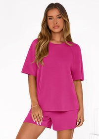 PRETTYGARDEN Women's 2 Piece Lounge Sets Short Sleeve Shirts Casual Tops Shorts Matching Clothing Summer Airport Outfits PRETTYGARDEN