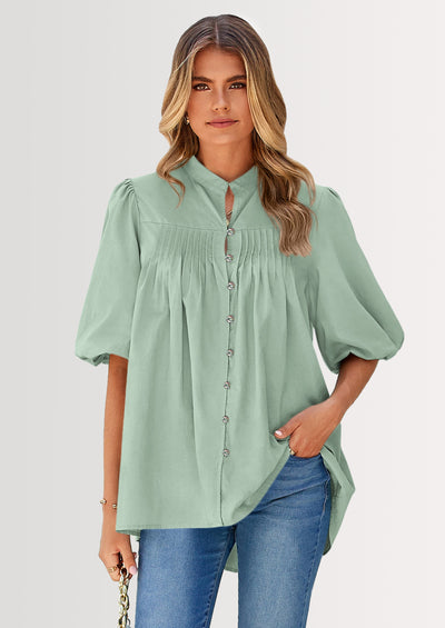 PRETTYGARDEN Women's Summer Short Lantern Sleeve Tops Loose Fit Button Down Shirt Casual Pleated V Neck Blouses