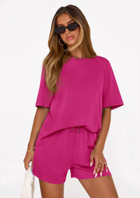 PRETTYGARDEN Women's 2 Piece Lounge Sets Short Sleeve Shirts Casual Tops Shorts Matching Clothing Summer Airport Outfits PRETTYGARDEN