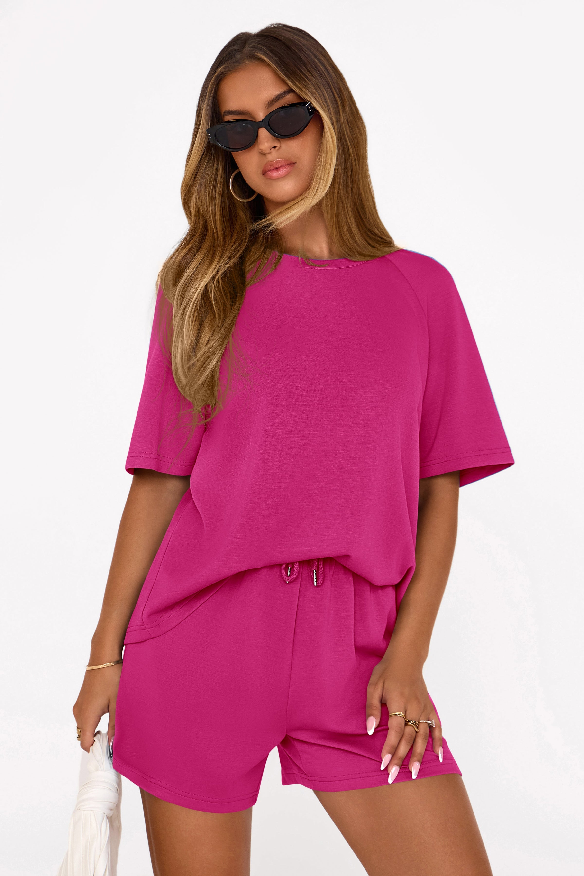 PRETTYGARDEN Women's 2 Piece Lounge Sets Short Sleeve Shirts Casual Tops Shorts Matching Clothing Summer Airport Outfits PRETTYGARDEN