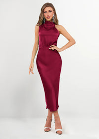 PRETTYGARDEN Women's Summer Satin Dress Elegant Sleeveless Mock Neck Cocktail Party Maxi Dresses