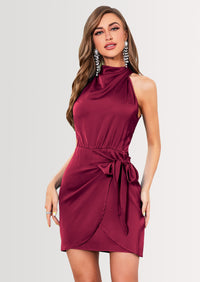 PRETTYGARDEN Women's Short Formal Satin Dress Summer Sleeveless Mock Neck Tie Waist Cocktail Party Dresses