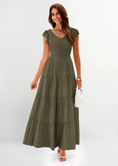 PRETTYGARDEN Women's Flowy Maxi Dress Casual Cap Sleeve V Neck Smocked Beach Sundress