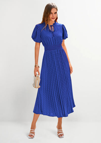 PRETTYGARDEN Womens Midi Dresses Puff Short Sleeve V Neck Swiss Dot Pleated A Line Flowy Long Wedding Guest Dress