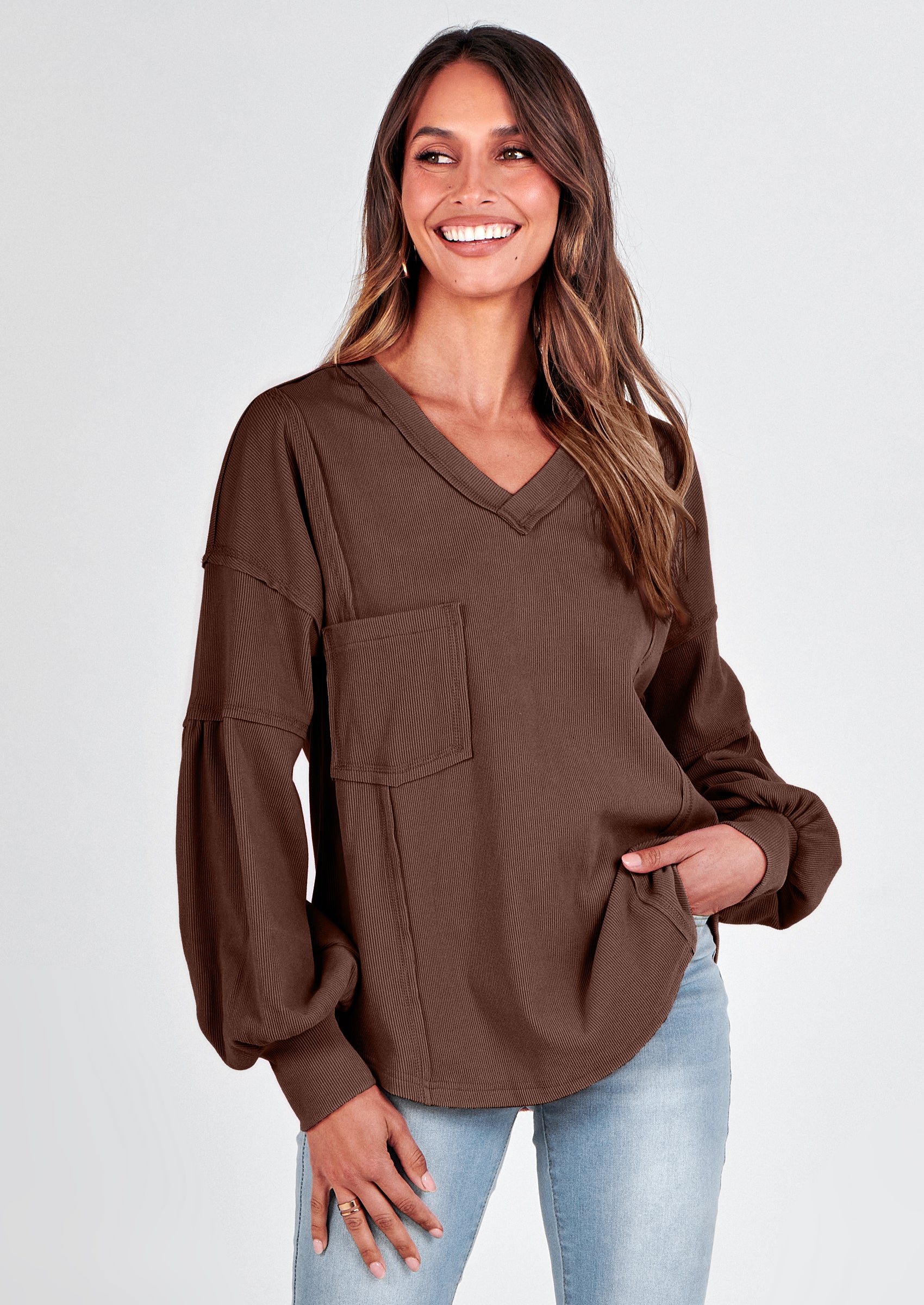 BTFBM Women's Ribbed Long Sleeve Tops Summer Spring Pullover Knit Casual V Neck Blouses Trendy Loose Fit Tunic Top