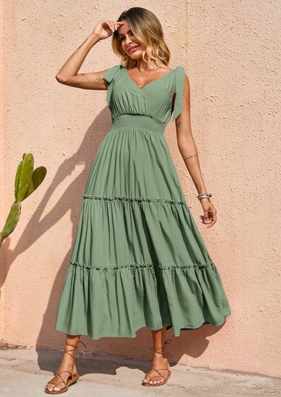 PRETTYGARDEN Women's Cross Neck Spring Sleeveless Tiered Maxi Dress Beach Tie Strap Smocked Long Dresses Pleated Sundress