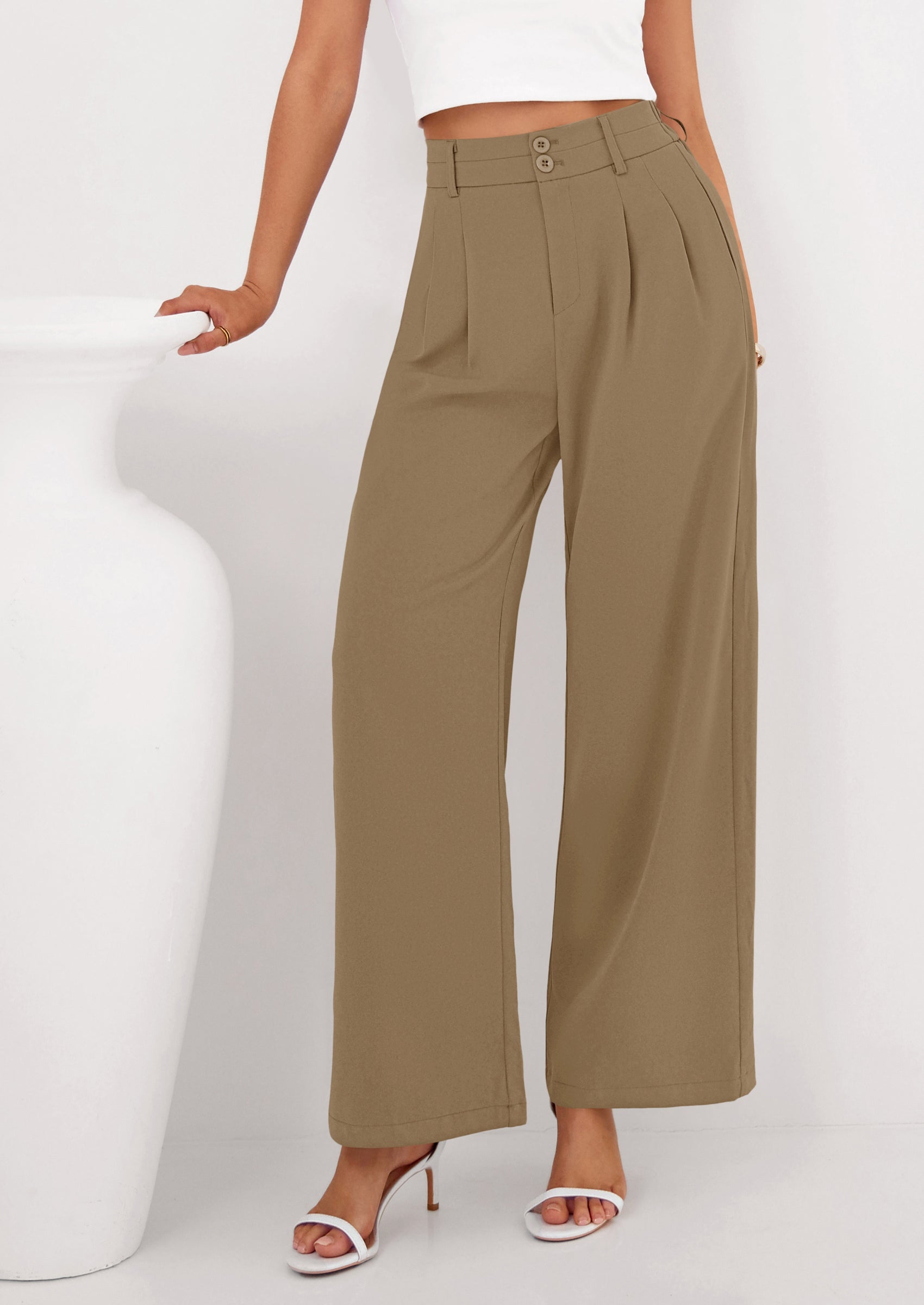 PRETTYGARDEN Womens Spring Wide Leg Palazzo Pants Trendy Loose Button High Waist Pleated Work Business Casual Trousers PRETTYGARDEN