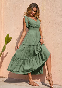 PRETTYGARDEN Women's Cross Neck Spring Sleeveless Tiered Maxi Dress Beach Tie Strap Smocked Long Dresses Pleated Sundress