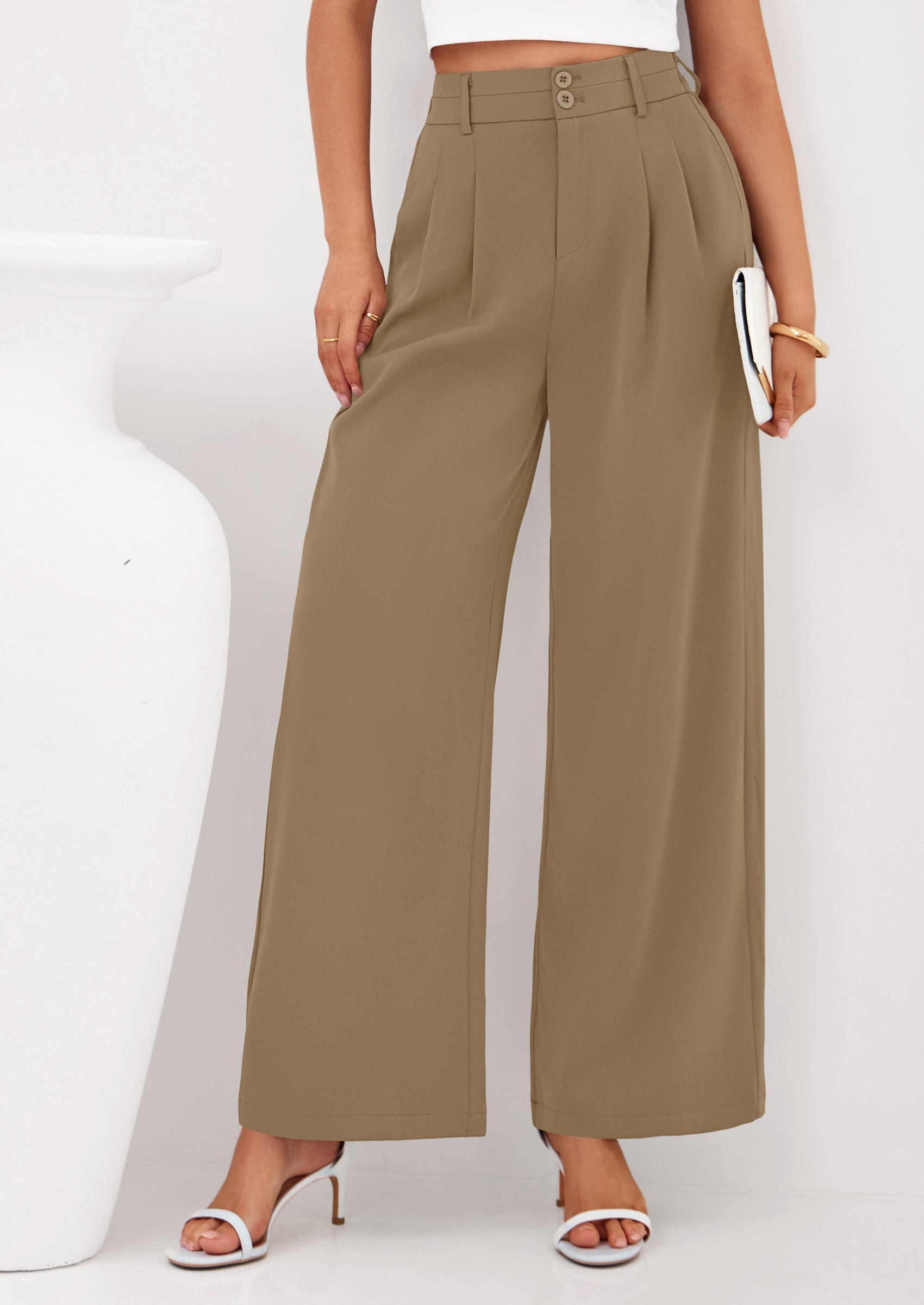 PRETTYGARDEN Womens Spring Wide Leg Palazzo Pants Trendy Loose Button High Waist Pleated Work Business Casual Trousers PRETTYGARDEN