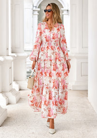 PRETTYGARDEN Long Sleeve Maxi Fall Dresses for Women Vneck Smocked Boho Floral Tiered Swing Flowy Wedding Guest Dress