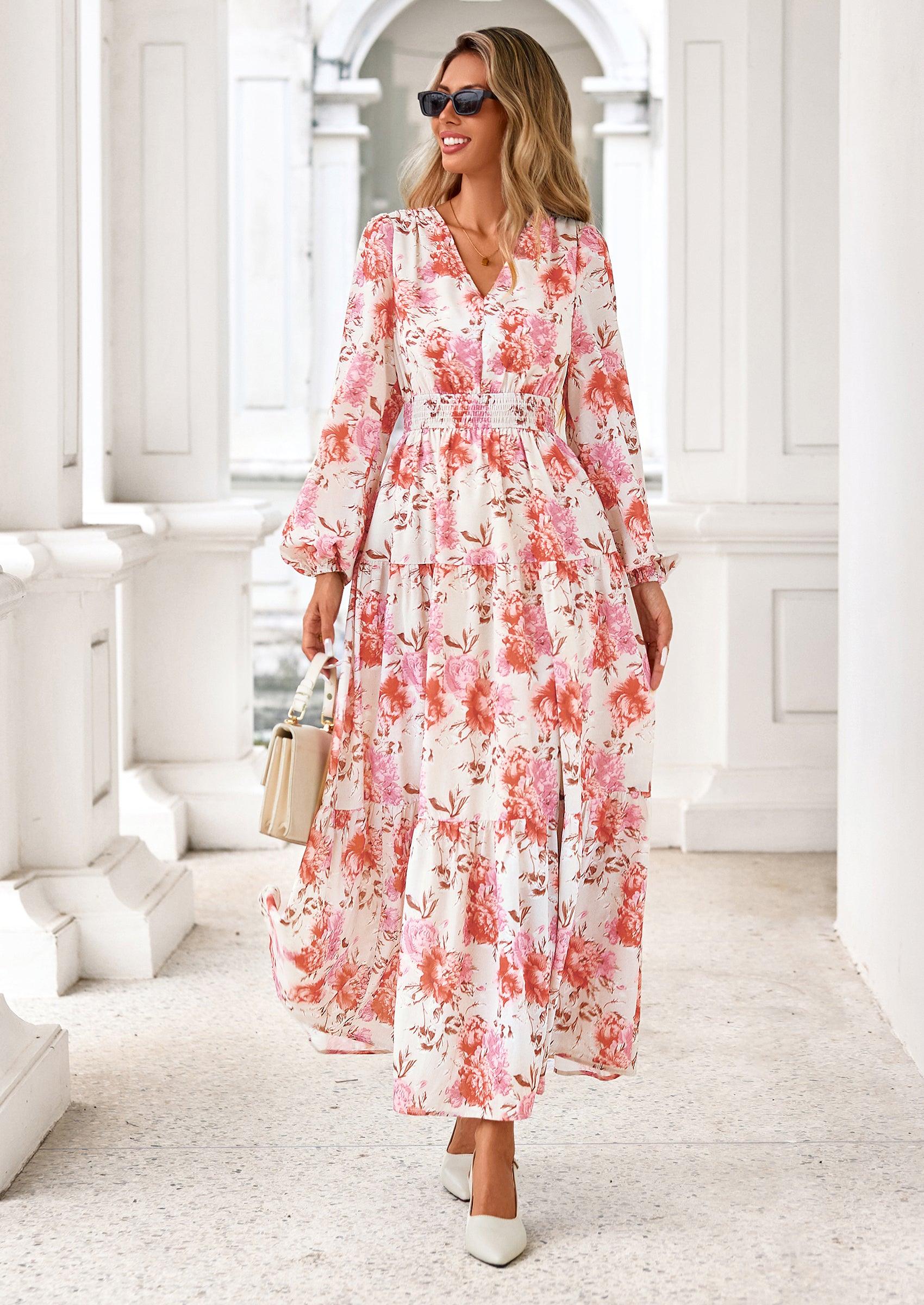 PRETTYGARDEN Long Sleeve Maxi Fall Dresses for Women Vneck Smocked Boho Floral Tiered Swing Flowy Wedding Guest Dress