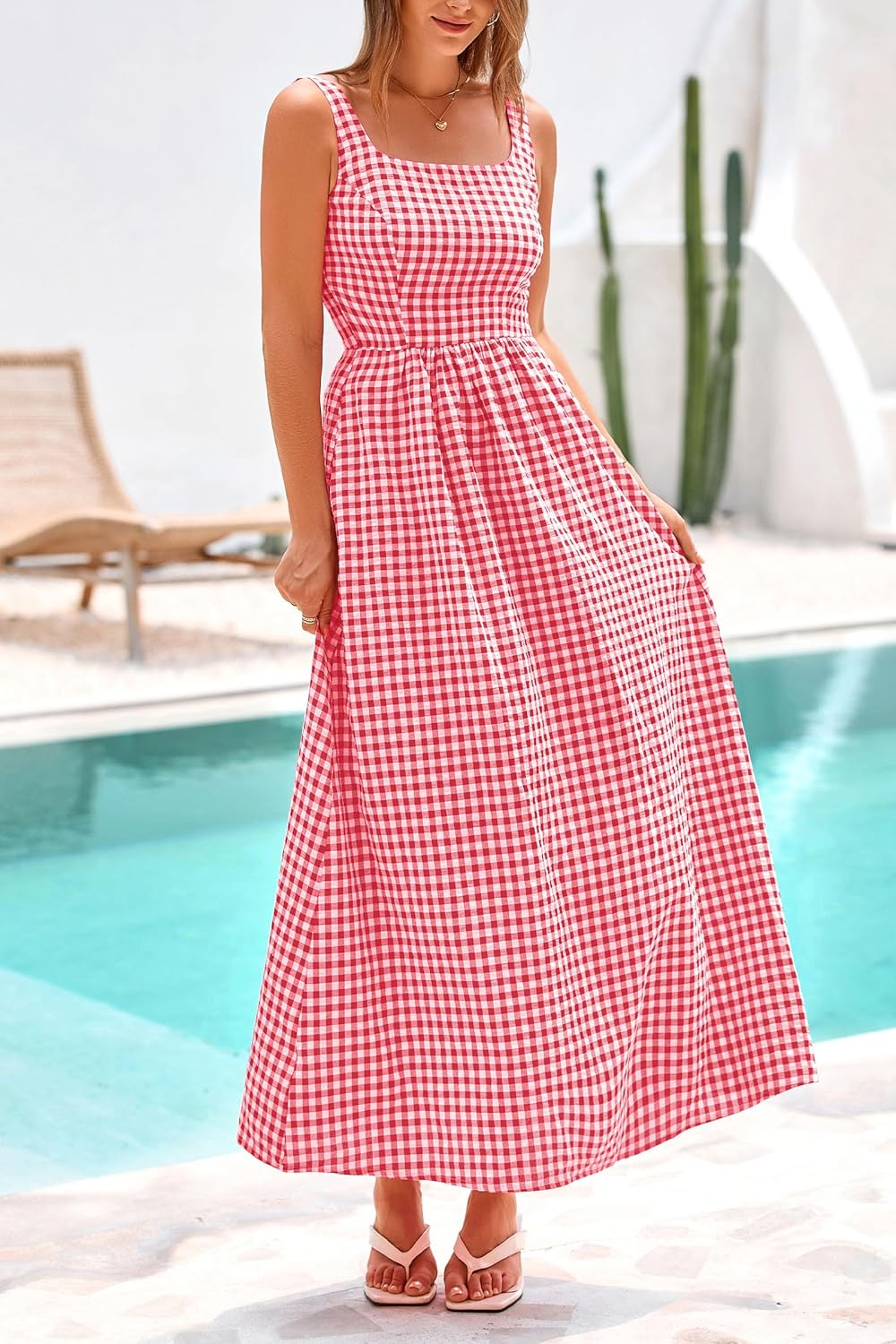 Women's Summer Spaghetti Strap Maxi Dresses Plaid Square Neck A Line Smocked Casual Vacation Long Sundress