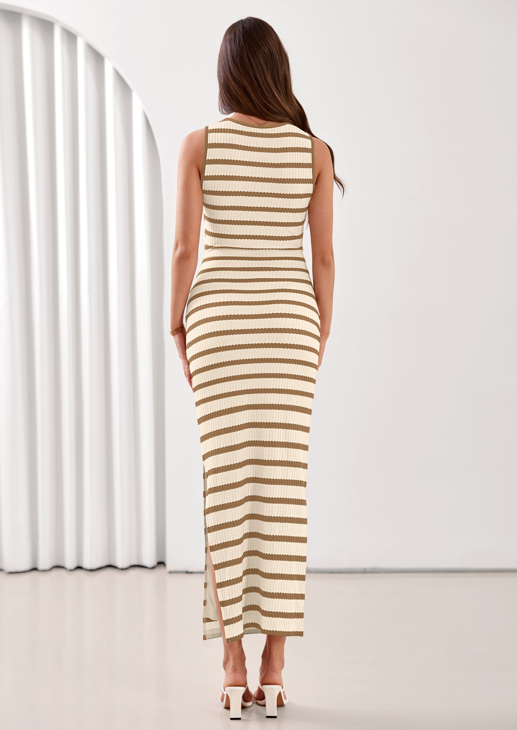 PRETTYGARDEN Sundresses for Women Summer Striped Knit Side Slit Spring Fashion Bodycon Maxi Dress Beach Vacation Clothes PRETTYGARDEN