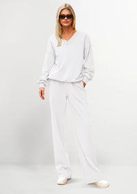 PRETTYGARDEN Casual Winter Two Piece Sets for Women V Neck Sweatshirt Loose Wide Leg Pants Tracksuit Knit Fall Outfits
