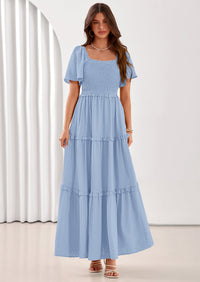 PRETTYGARDEN Summer Dresses for Women Boho Swiss Dot Smocked Square Neck Short Sleeve Spring Wedding Guest Maxi Dress PRETTYGARDEN