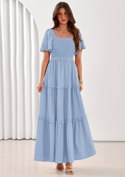 PRETTYGARDEN Summer Dresses for Women Boho Swiss Dot Smocked Square Neck Short Sleeve Spring Wedding Guest Maxi Dress PRETTYGARDEN