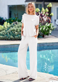 PRETTYGARDEN Women's Summer 2 Piece Matching Lounge Sets Short Sleeve Shirts Tops Wide Leg Pants Travel Airport Outfits