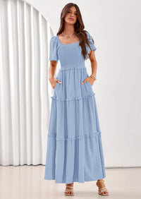 PRETTYGARDEN Summer Dresses for Women Boho Swiss Dot Smocked Square Neck Short Sleeve Spring Wedding Guest Maxi Dress PRETTYGARDEN