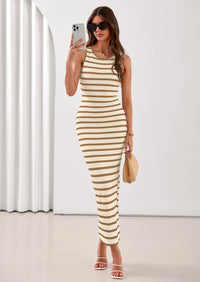 PRETTYGARDEN Sundresses for Women Summer Striped Knit Side Slit Spring Fashion Bodycon Maxi Dress Beach Vacation Clothes PRETTYGARDEN