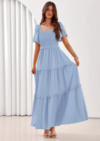 PRETTYGARDEN Summer Dresses for Women Boho Swiss Dot Smocked Square Neck Short Sleeve Spring Wedding Guest Maxi Dress PRETTYGARDEN