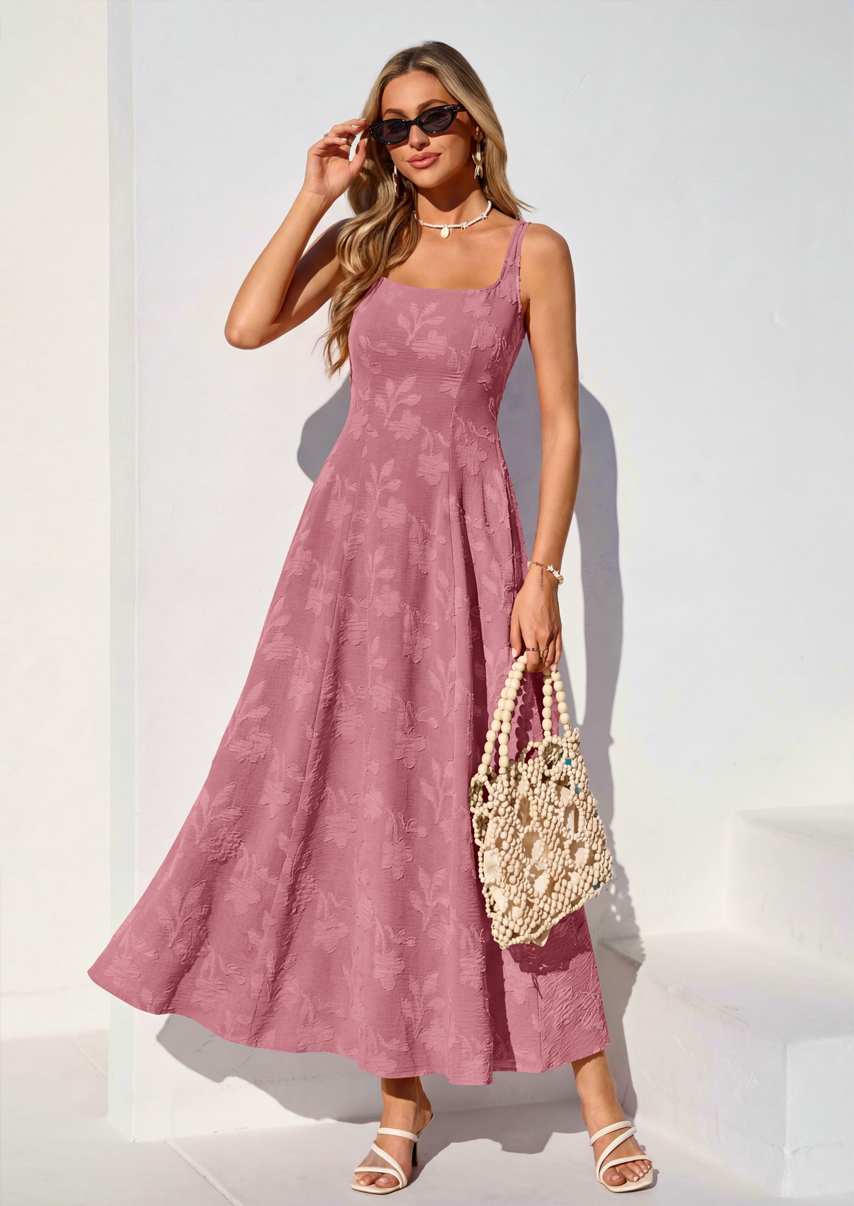 PRETTYGARDEN Womens Summer Maxi Dresses Casual Sleeveless Square Neck Jacquard Flowy Wedding Guest Beach Boho Long Dress
