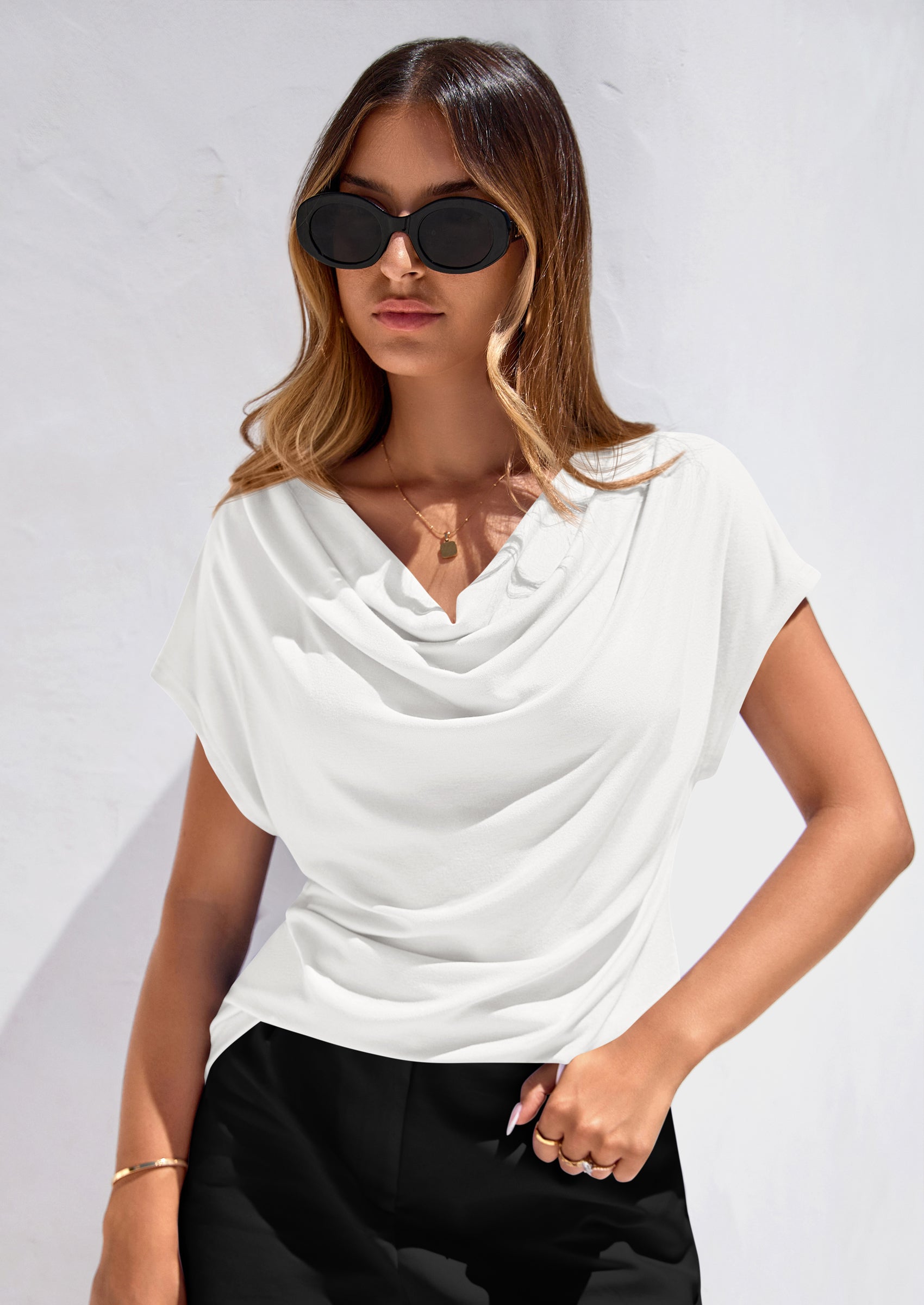 PRETTYGARDEN Blouses for Women Dressy Casual Summer Cowl Neck Short Sleeve Tops Spring Work Office Teacher Shirts PRETTYGARDEN