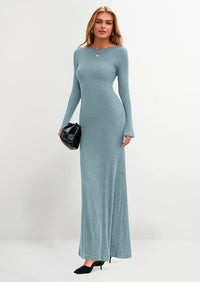 PRETTYGARDEN Women's Fall Fashion Long Sleeve Maxi Dress Ribbed Knit Boat Neck Bodycon Casual Dresses Going Out Outfits