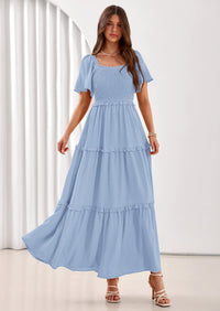 PRETTYGARDEN Summer Dresses for Women Boho Swiss Dot Smocked Square Neck Short Sleeve Spring Wedding Guest Maxi Dress PRETTYGARDEN