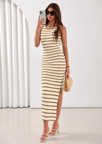 PRETTYGARDEN Sundresses for Women Summer Striped Knit Side Slit Spring Fashion Bodycon Maxi Dress Beach Vacation Clothes PRETTYGARDEN