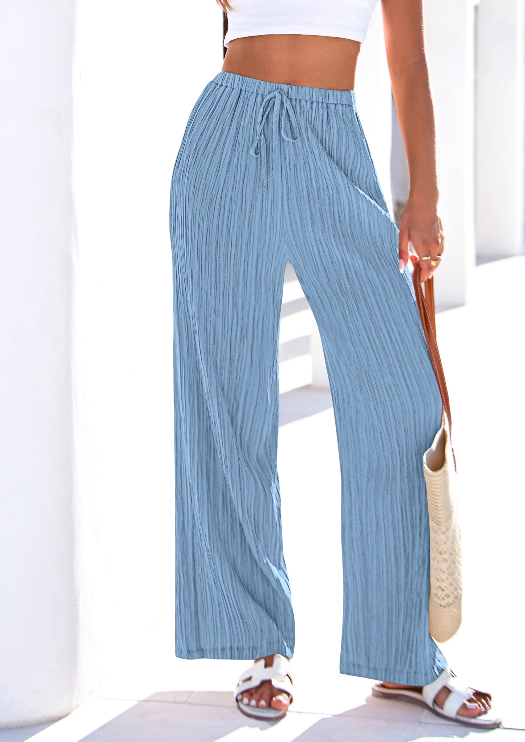 PRETTYGARDEN Womens Palazzo Pants Summer Fashion High Waisted Wide Leg Drawstring Flowy Beach Trousers with Pockets PRETTYGARDEN