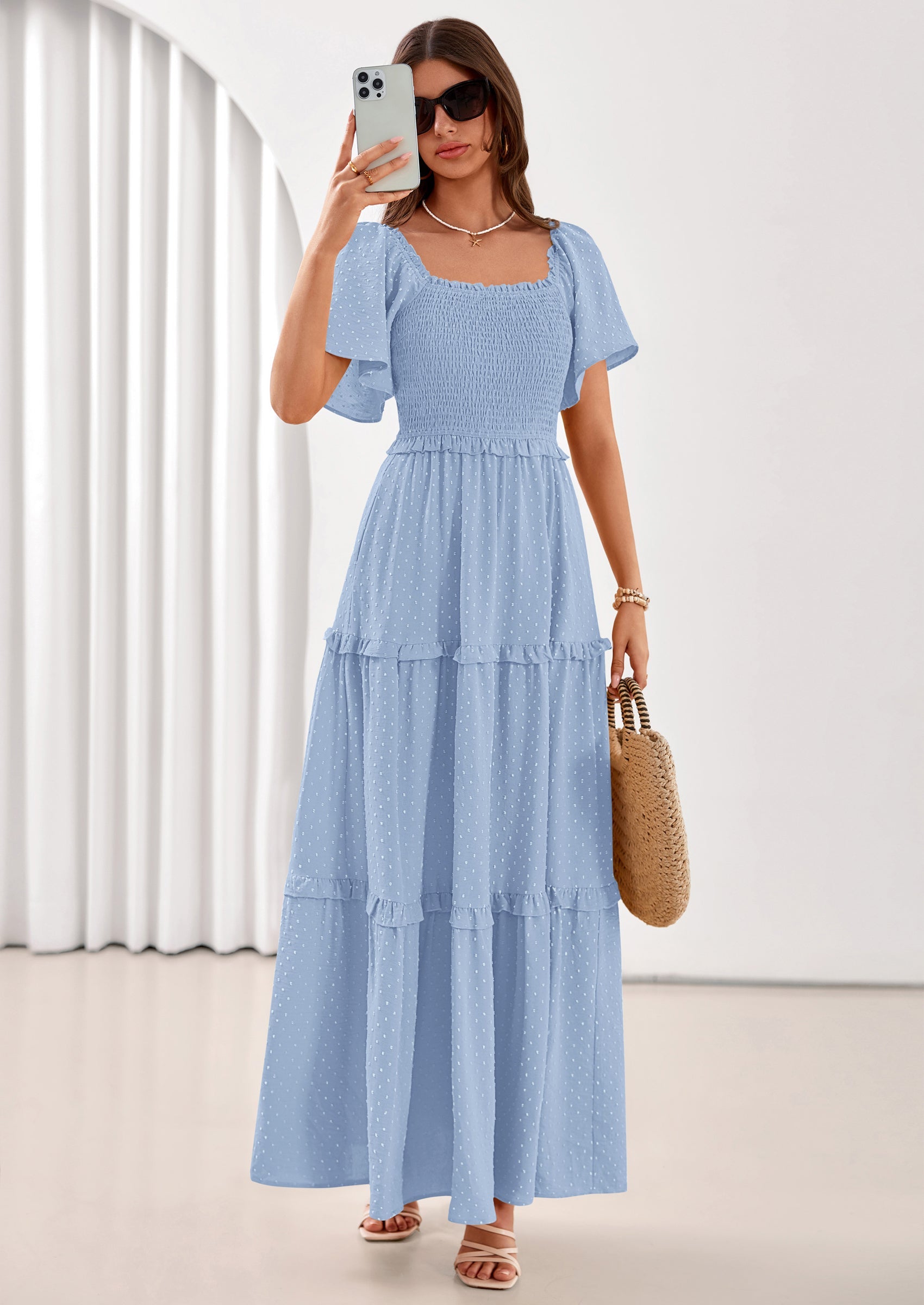 PRETTYGARDEN Summer Dresses for Women Boho Swiss Dot Smocked Square Neck Short Sleeve Spring Wedding Guest Maxi Dress PRETTYGARDEN