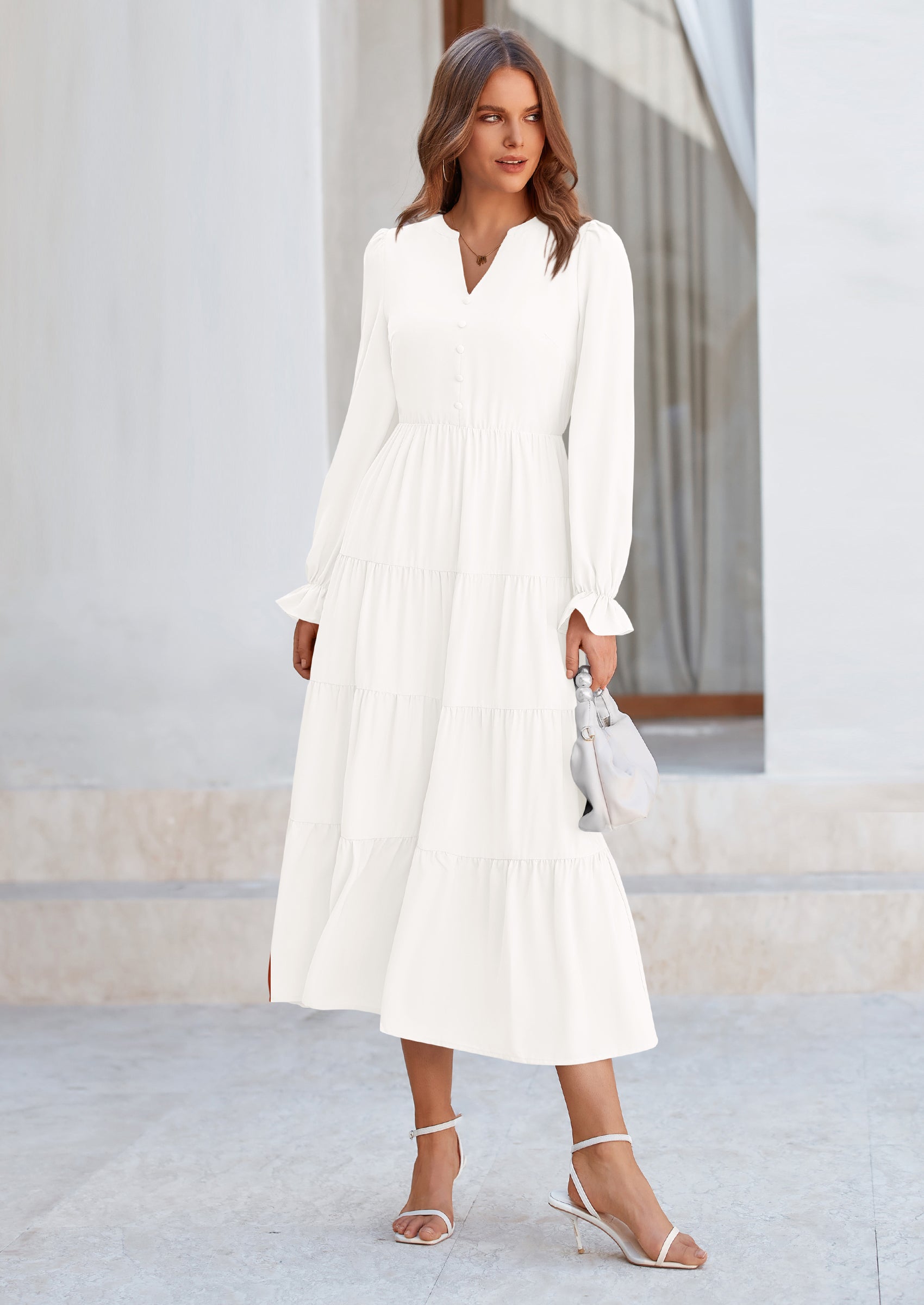 PRETTYGARDEN Women Fall Long Sleeve Smocked Maxi Dress Casual Square Neck Swiss Dot Tiered Ruffle Flowy Spring Pocket Dresses