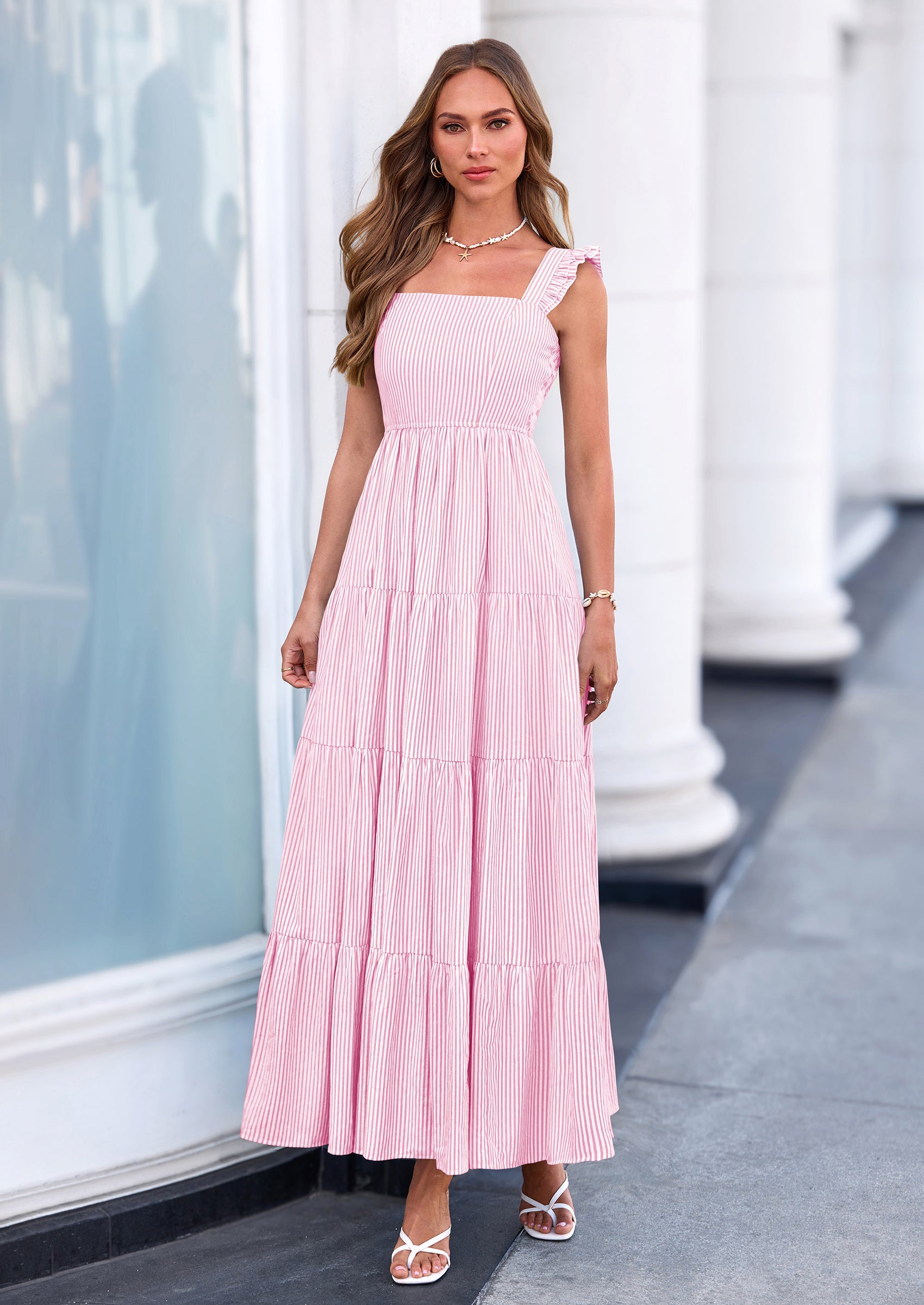 PRETTYGARDEN Womens Summer Casual Maxi Dresses Striped Square Neck Sleeveless Boho Flowy Sundress Beach Vacation Clothes