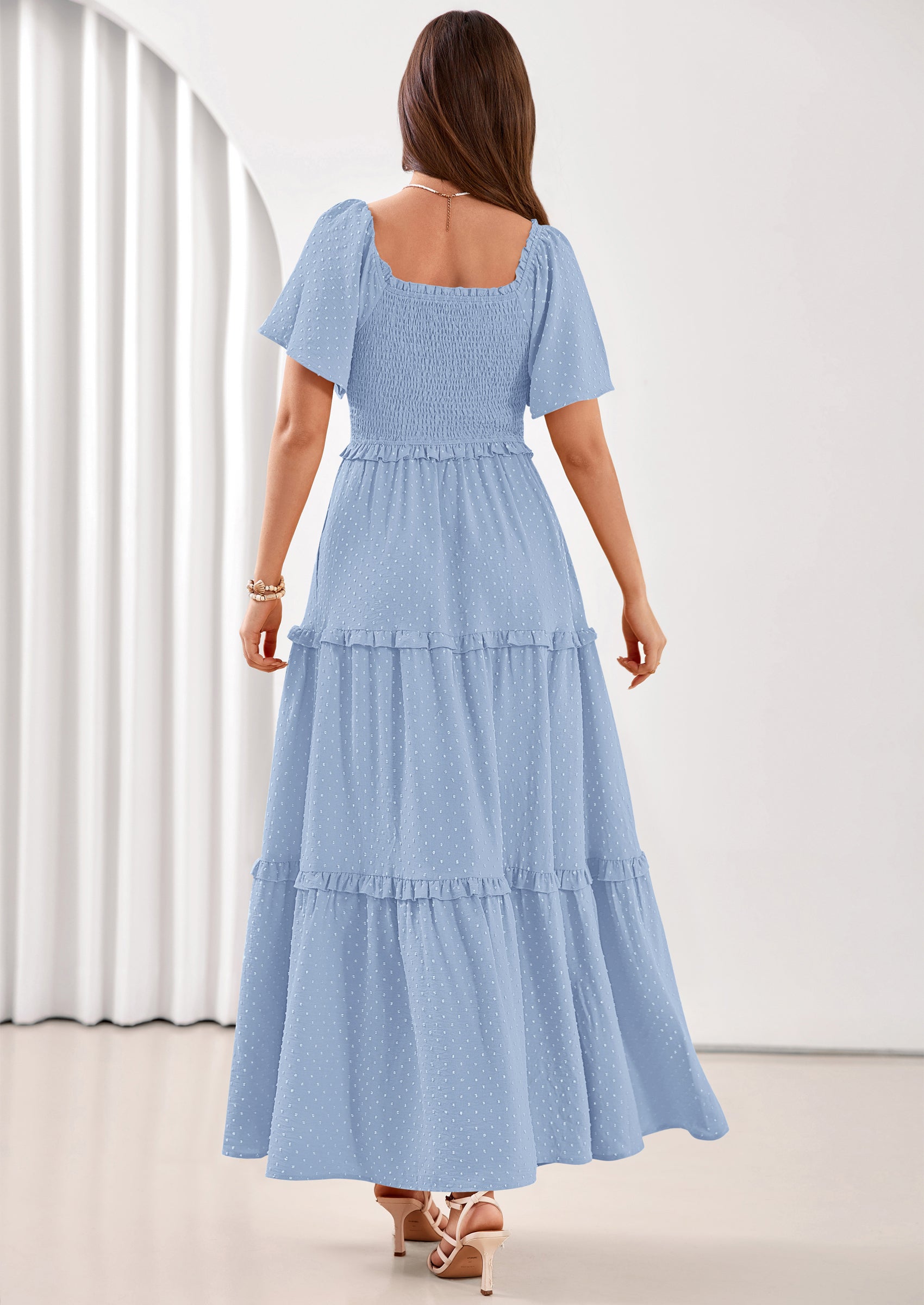 PRETTYGARDEN Summer Dresses for Women Boho Swiss Dot Smocked Square Neck Short Sleeve Spring Wedding Guest Maxi Dress PRETTYGARDEN