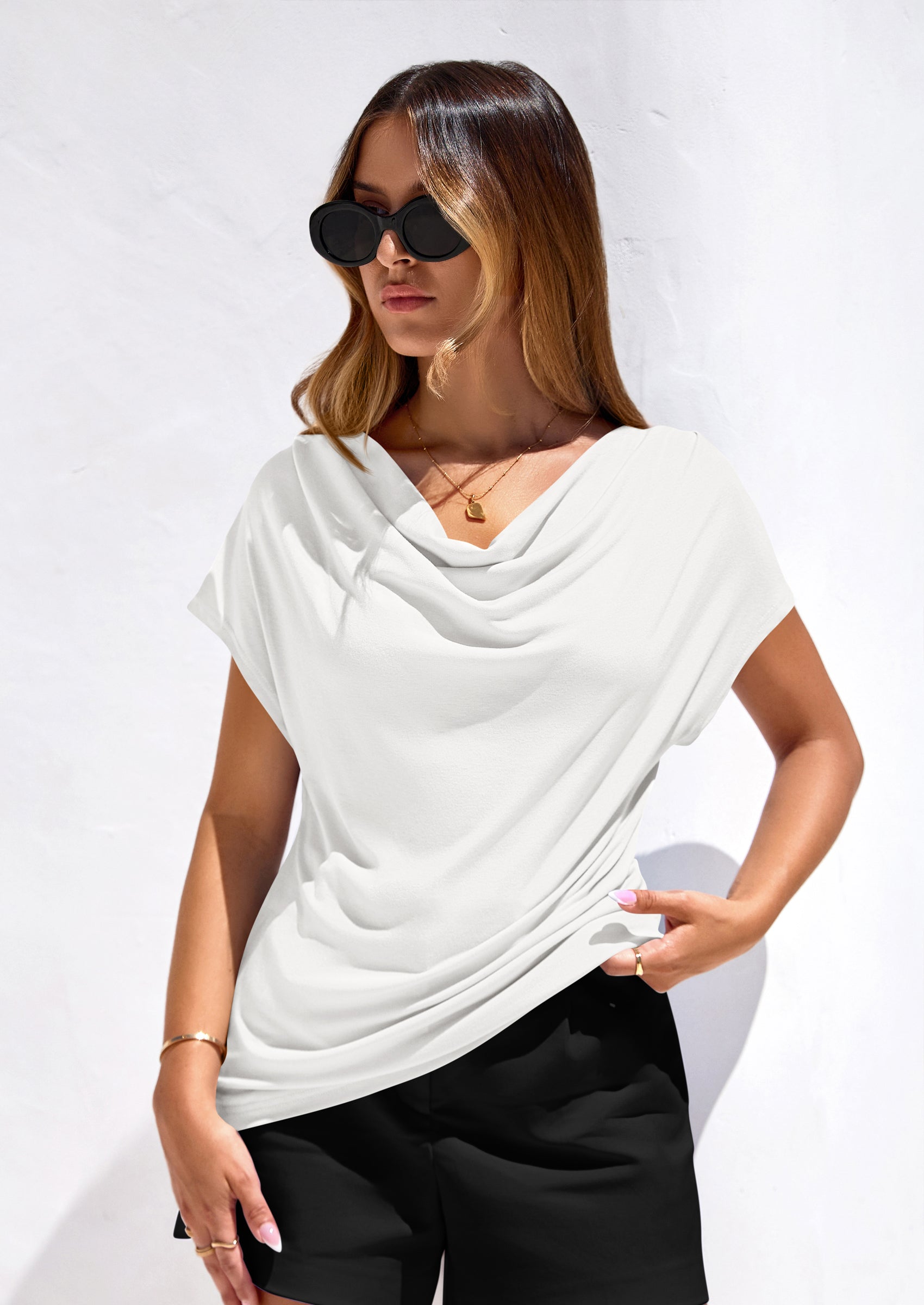 PRETTYGARDEN Blouses for Women Dressy Casual Summer Cowl Neck Short Sleeve Tops Spring Work Office Teacher Shirts PRETTYGARDEN