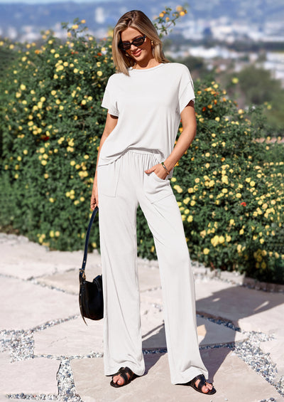 PRETTYGARDEN Women's Summer 2 Piece Matching Lounge Sets Short Sleeve Shirts Tops Wide Leg Pants Travel Airport Outfits