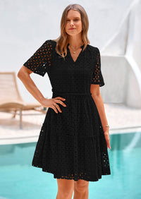 PRETTYGARDEN Women's Short Sleeve Mini Dress Summer V Neck Hollow Out Eyelet Ruffle A Line Swing Short Dresses