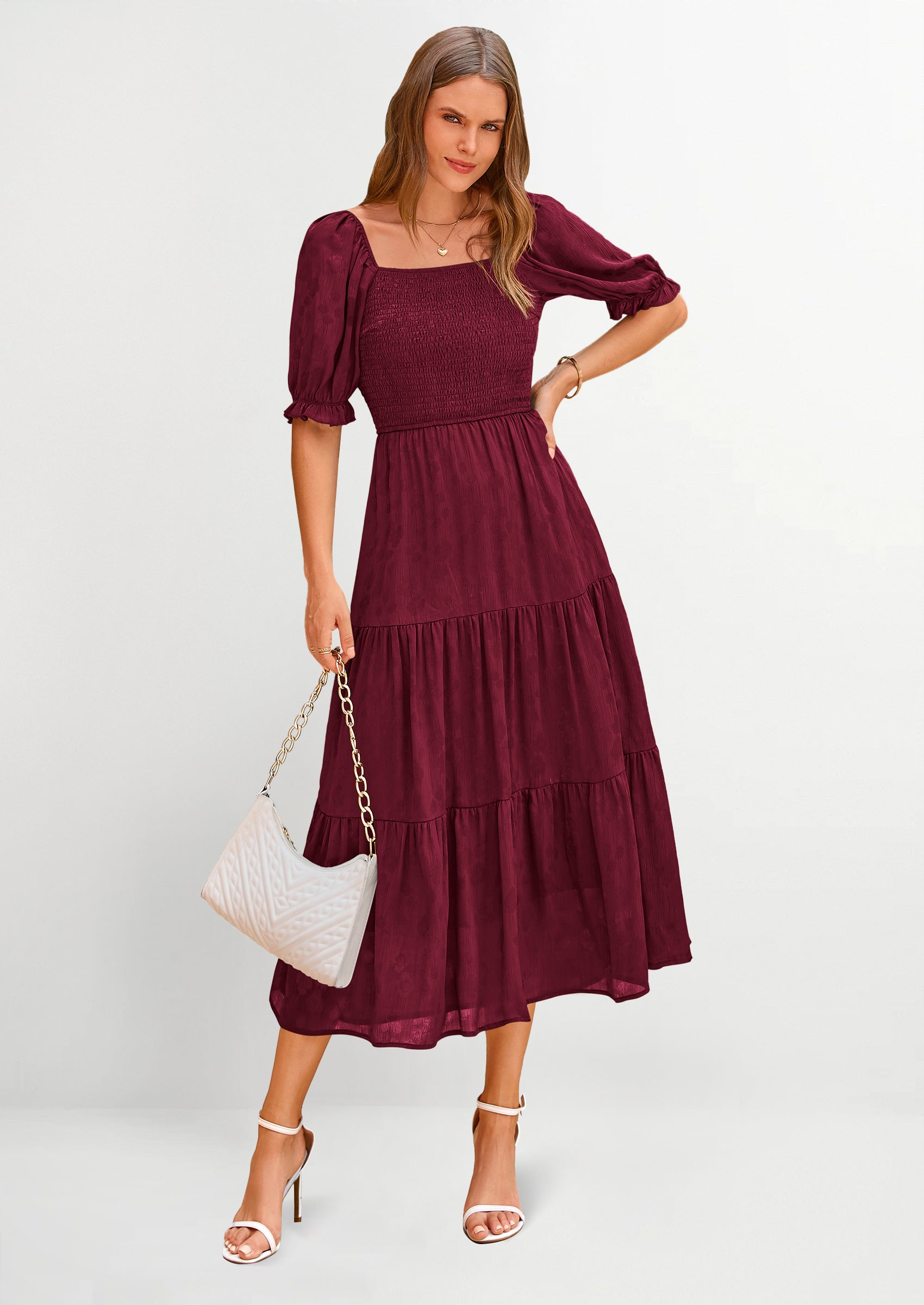 PRETTYGARDEN Women's Casual Midi Dresses Square Neck Short Sleeve Smocked A Line Floral Flowy Elegant Boho Dress