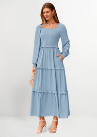 PRETTYGARDEN Women Fall Long Sleeve Smocked Maxi Dress Casual Square Neck Swiss Dot Tiered Ruffle Flowy Spring Pocket Dresses