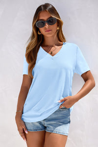 PRETTYGARDEN Women's V Neck T Shirts Summer Short Sleeve Spring Going Out Tops Casual Loose Fit Basic Tees Beach Clothes PRETTYGARDEN