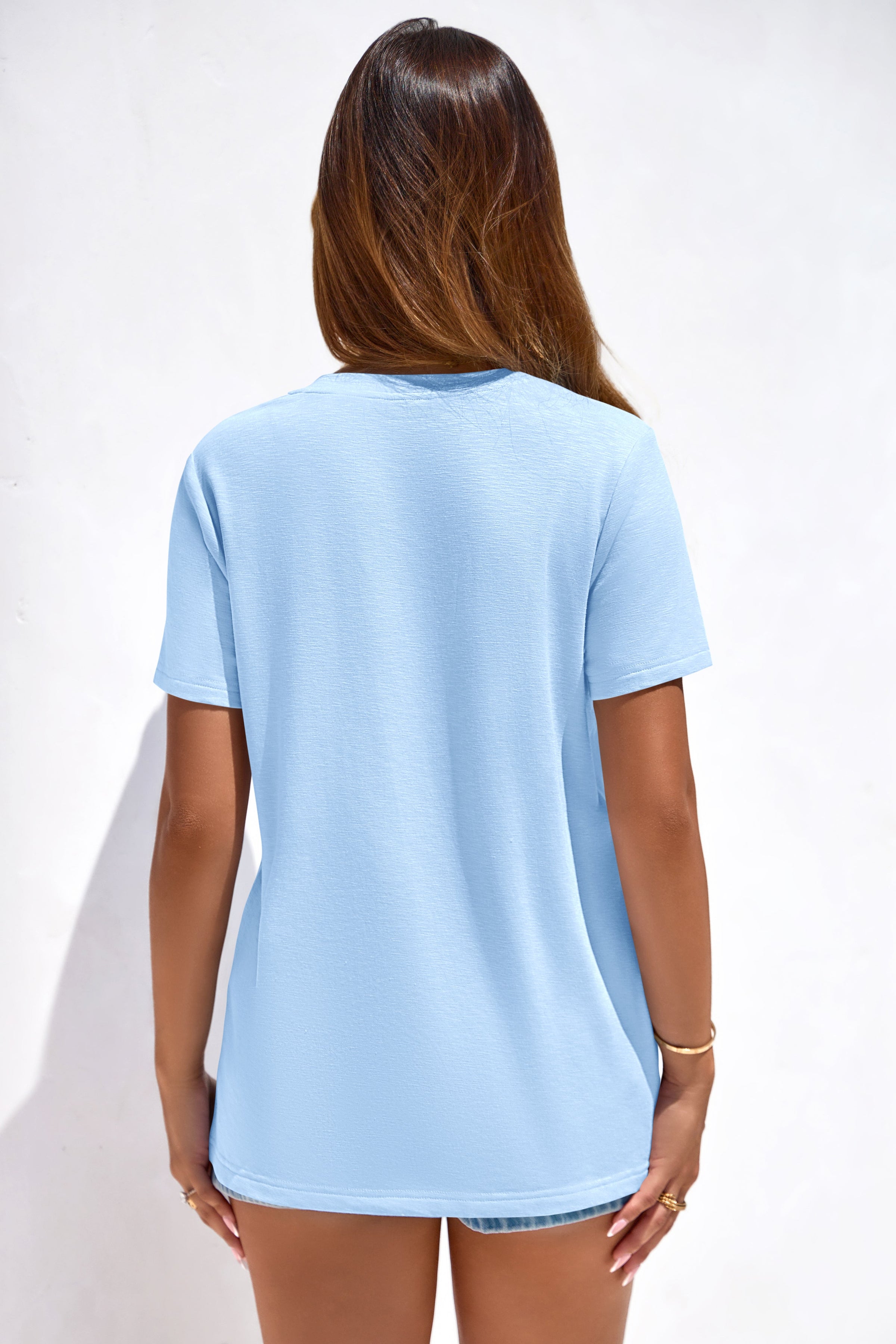 PRETTYGARDEN Women's V Neck T Shirts Summer Short Sleeve Spring Going Out Tops Casual Loose Fit Basic Tees Beach Clothes PRETTYGARDEN