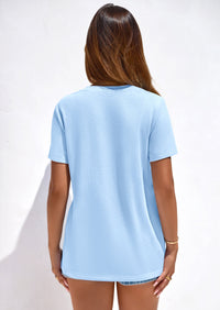 PRETTYGARDEN Women's V Neck T Shirts Summer Short Sleeve Spring Going Out Tops Casual Loose Fit Basic Tees Beach Clothes PRETTYGARDEN