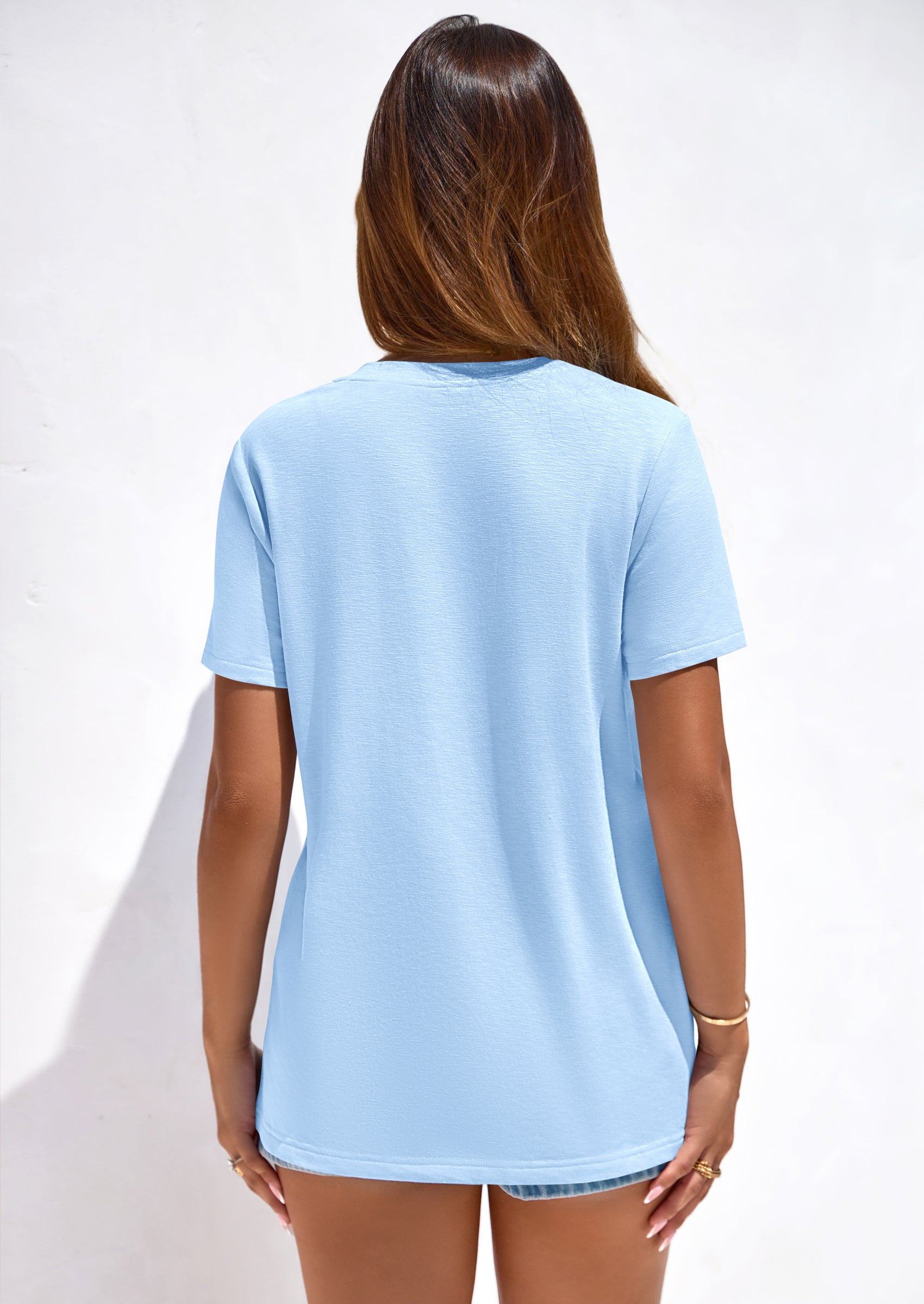 PRETTYGARDEN Women's V Neck T Shirts Summer Short Sleeve Spring Going Out Tops Casual Loose Fit Basic Tees Beach Clothes PRETTYGARDEN